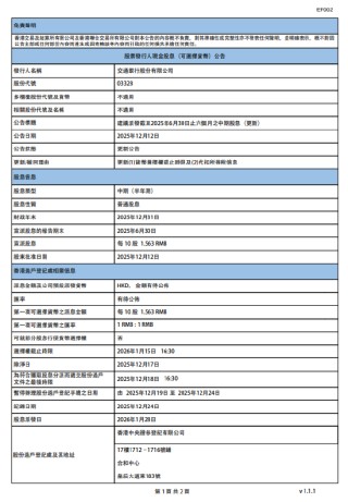 交通银行：将于1月28日派发中期股息每10股1.563元
