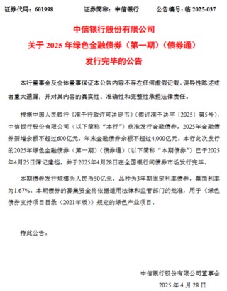 中信银行：2025年第一期50亿元绿色金融债券发行完毕