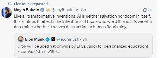 马斯克宣布xAI将在萨尔瓦多推出全球首个全国性AI教育项目 第2张 马斯克宣布xAI将在萨尔瓦多推出全球首个全国性AI教育项目 第2张