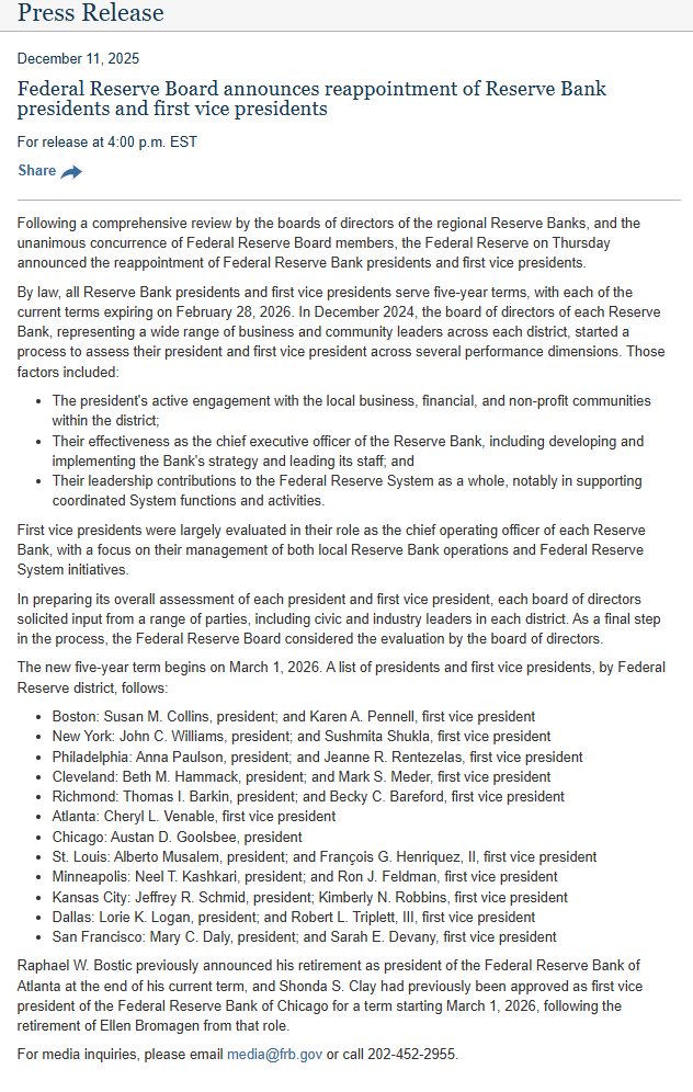 FED生怕特朗普“搅局”?11位地区联储主席重新任命完毕,为近20年来最早! 第2张 FED生怕特朗普“搅局”?11位地区联储主席重新任命完毕,为近20年来最早! 第2张